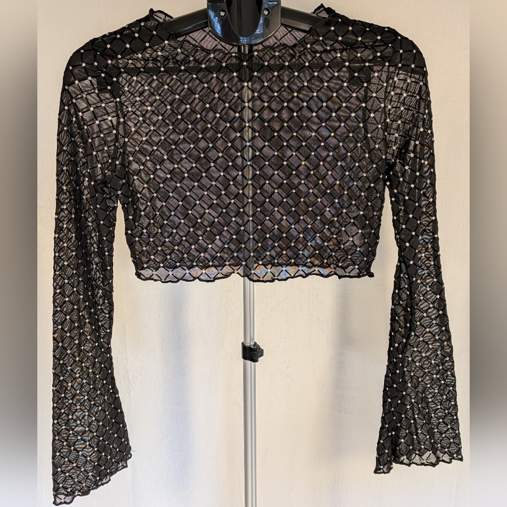 Black Mesh Crop Top with Rhinestones